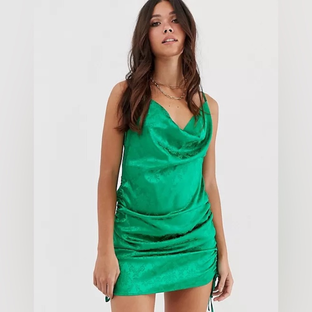 Missguided jacquard satin cami dress with ruched sides in emerald green